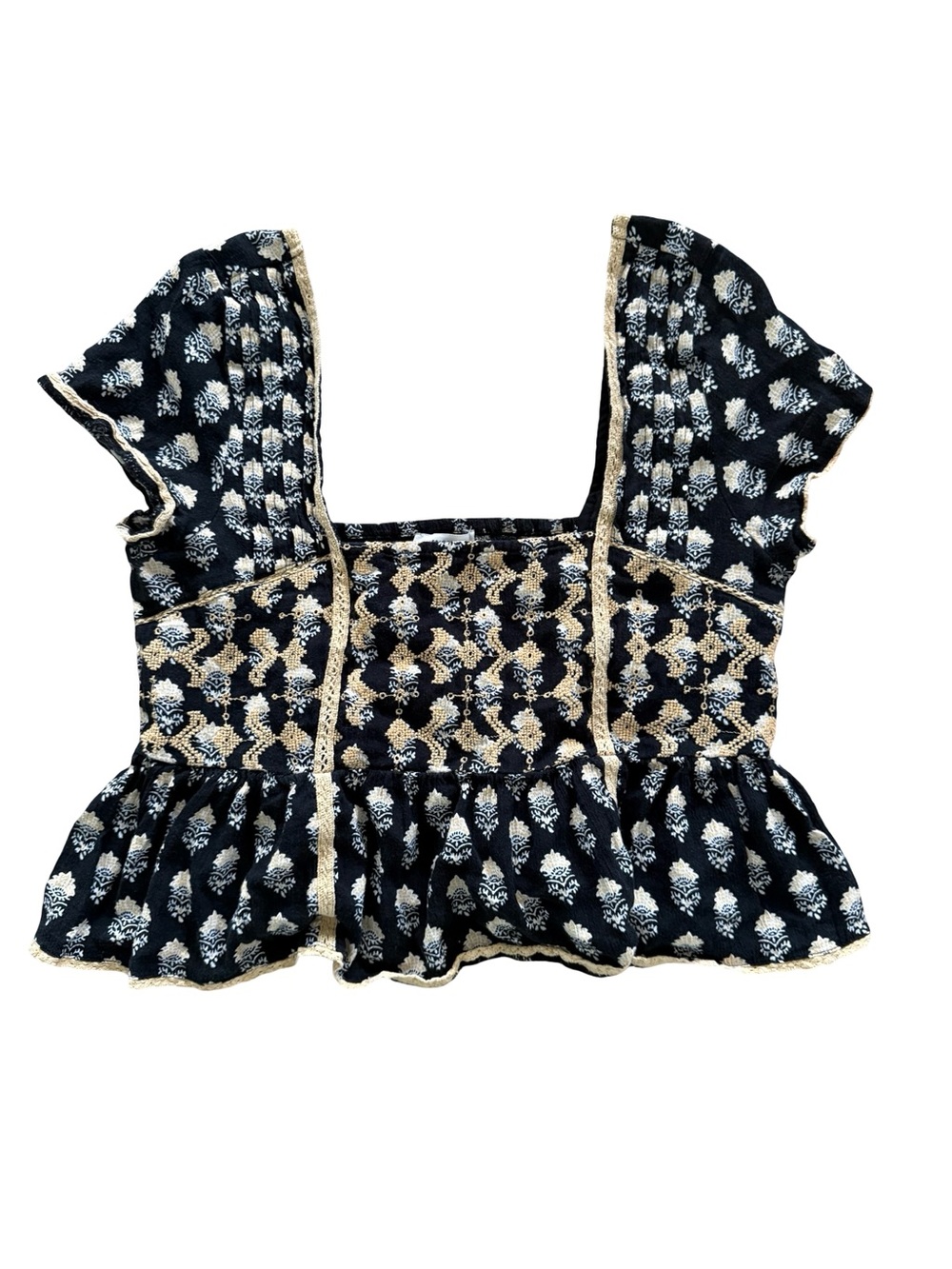 American Eagle Embroidered Block Print Flutter Sleeve Peplum Top black size XS - Picture 1 of 6